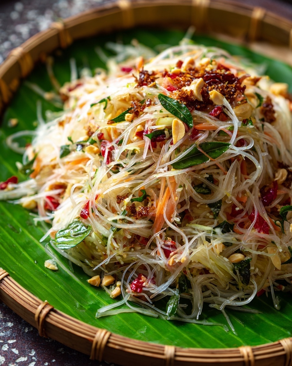 A close-up of a fresh papaya salad with thin white bean sprouts mixed with light green shredded papaya and small pieces of green leaves, bright red chili flakes and dried red chili, and bits of tomato scattered on top. The salad is layered on a green banana leaf, which lies inside a round woven basket that is visible at the edge. The texture of the salad looks crunchy and fresh, with a mix of soft and crisp ingredients. Photo taken with an iphone --ar 4:5 --v 7
