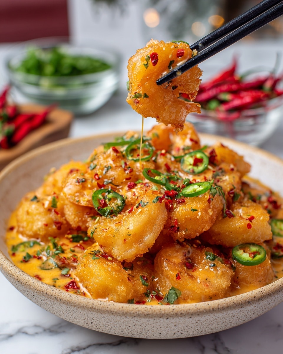 A beige bowl holds several golden crispy fried shrimp coated in a creamy orange sauce with red chili flakes evenly spread across them. Bright green sliced scallions are sprinkled on top, adding a fresh contrast. One shrimp is lifted by brown wooden chopsticks, dripping the creamy sauce. The bowl sits on a gray textured cloth with a white marbled surface beneath. In the blurred background, a small clear bowl of green herbs and two red chili peppers rest. photo taken with an iphone --ar 4:5 --v 7