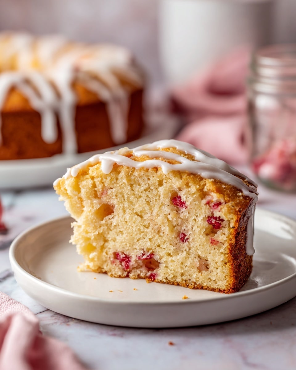 A close-up image showing a square slice of cake with three visible layers: the bottom layer is a light golden brown crust, the middle layer is a fluffy, pale yellow sponge filled with chunks of red strawberries, and the top layer is a slightly browned cake surface drizzled with smooth, white icing that slightly runs down the sides. The slice sits on a white plate with a soft pinkish tint, placed on a white marbled surface, with a blurred background featuring a jar and some pink fabric. photo taken with an iphone --ar 4:5 --v 7