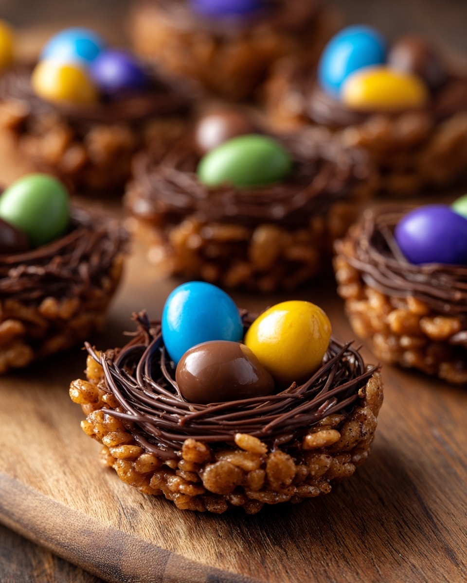 The image shows several chocolate nest cookies arranged on a wooden surface, each cookie made with a base of crunchy cereal mixed with chocolate, forming tight, dark brown circular nests. Inside each nest, there are three small, shiny candy eggs in bright colors like yellow, blue, purple, green, and brown, sitting snugly on top. The texture of the nests is rough and crunchy, while the candy eggs are smooth and glossy, adding a pop of color and contrast. The cookies are placed scattered but neatly, with one cookie in the foreground sharply in focus and the rest softly blurred in the background. The background is a white marbled texture, creating a clean and simple visual setting. Photo taken with an iphone --ar 4:5 --v 7