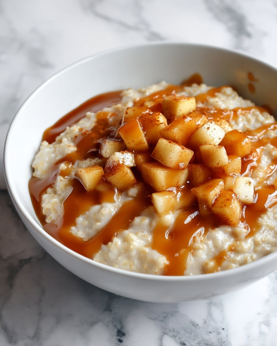 The image shows a close-up of a white bowl filled with creamy oatmeal. The oatmeal fills most of the bowl and has a smooth, thick texture with small lumps. On top, there is a layer of rich golden caramel sauce covering chunks of soft, browned apples. The sauce looks glossy and sticky with a slightly uneven surface. The bowl sits on a white marbled surface with a blurred, warm-toned background. Photo taken with an iphone --ar 4:5 --v 7