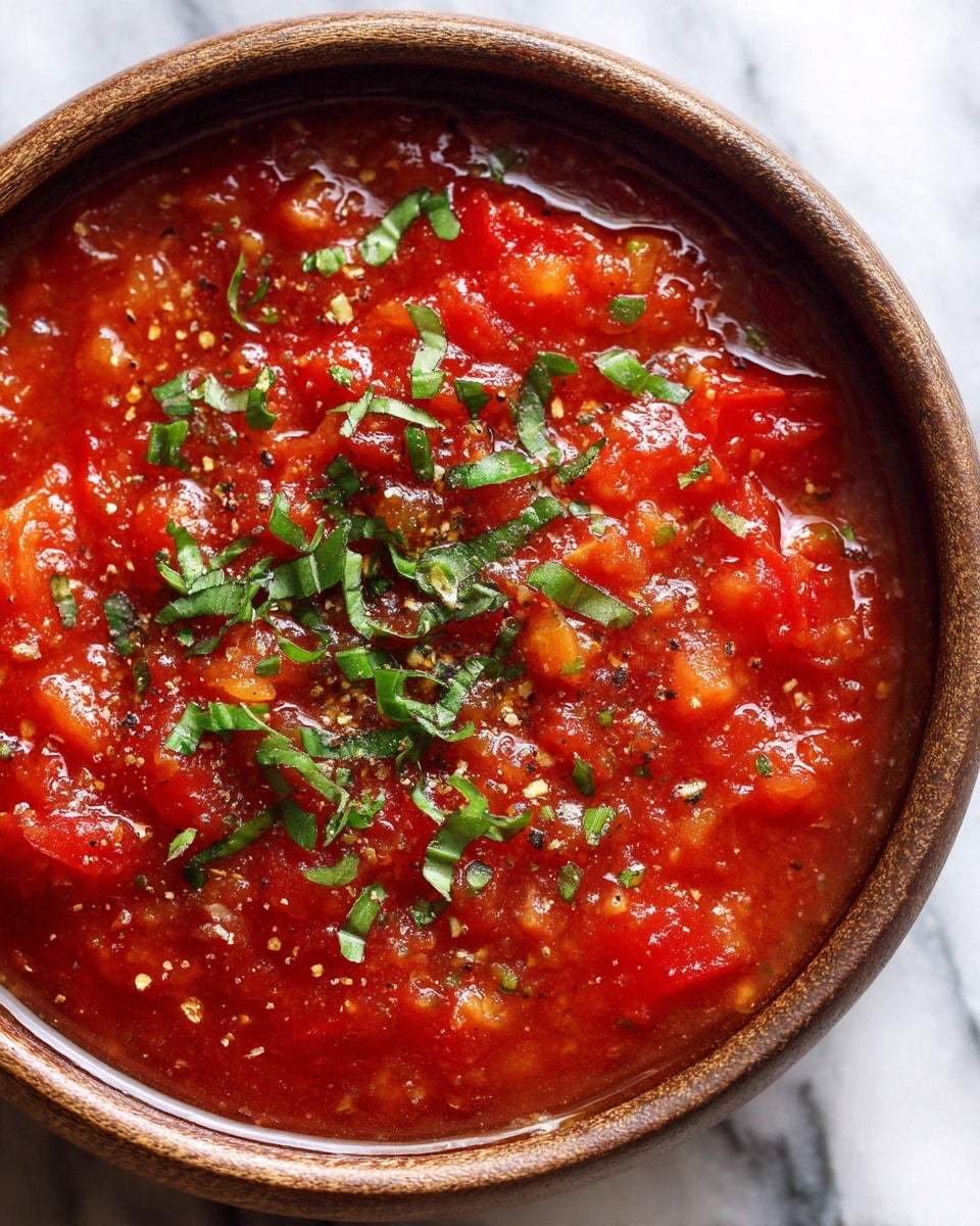 The image shows a close-up of thick tomato sauce in a round white bowl with a textured edge. The sauce layers are rich red with visible chunks of tomatoes and herbs mixed throughout, topped with small pieces of torn green basil leaves. Small yellow cherry tomatoes peek through the sauce, adding contrast to the deep red color. The bowl is set on a white marbled surface, and the overall texture of the sauce looks chunky and fresh. Photo taken with an iphone --ar 4:5 --v 7