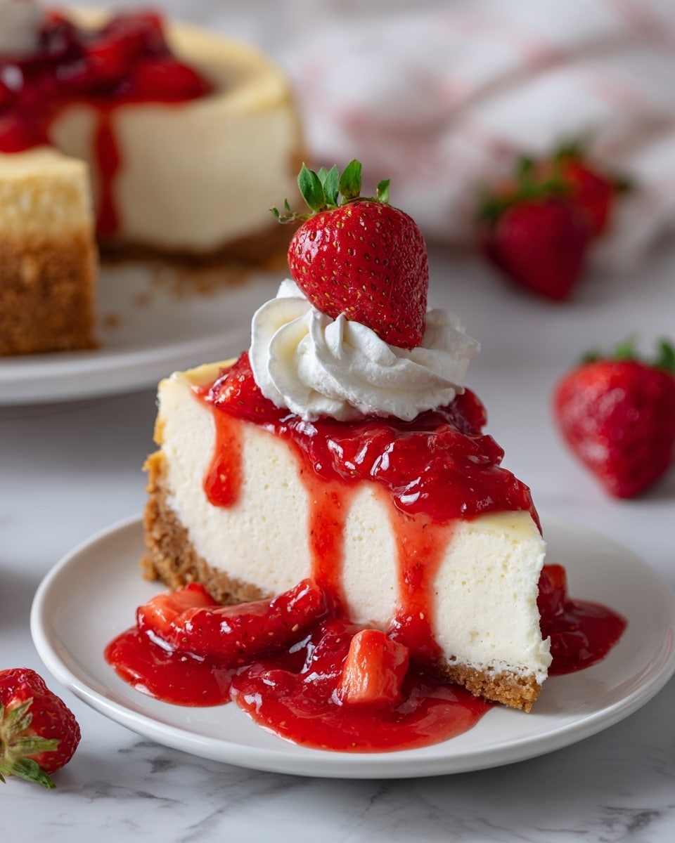 A slice of cheesecake is shown on a white plate sitting on a white marbled texture. The cheesecake has three layers: a bottom light brown crumbly crust, a thick middle creamy white cheese layer, and the top is covered with glossy red strawberry sauce dripping down the sides. On the top right edge of the slice, there is a dollop of white whipped cream and a fresh whole strawberry resting beside it. The background shows another plate with a cheesecake slice and scattered strawberries, all on a white marbled surface. photo taken with an iphone --ar 4:5 --v 7