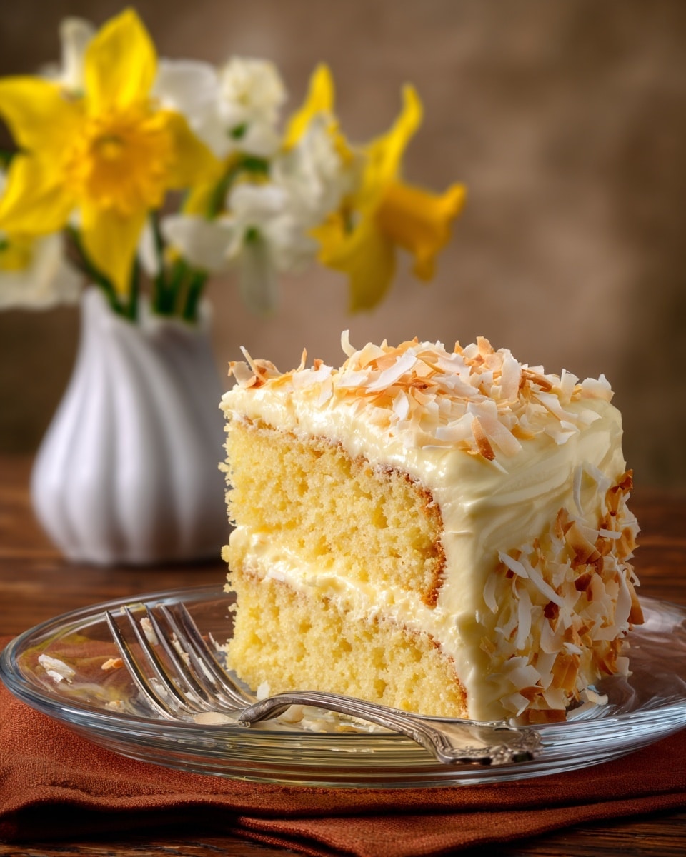 A single slice of yellow pineapple coconut cake sits on a clear glass plate placed on a wooden table, with two layers of soft, fluffy cake separated by a smooth, creamy pale yellow filling. The top layer is coated with thick, light yellow frosting sprinkled with white and lightly toasted coconut flakes, adding texture and contrast. The edges of the cake are slightly crumbly, showing its softness. In the background, a blurred white vase with orange flowers rests on the wooden surface. A silver fork is placed beside the plate. The scene is set against a white marbled texture surface. photo taken with an iphone --ar 4:5 --v 7