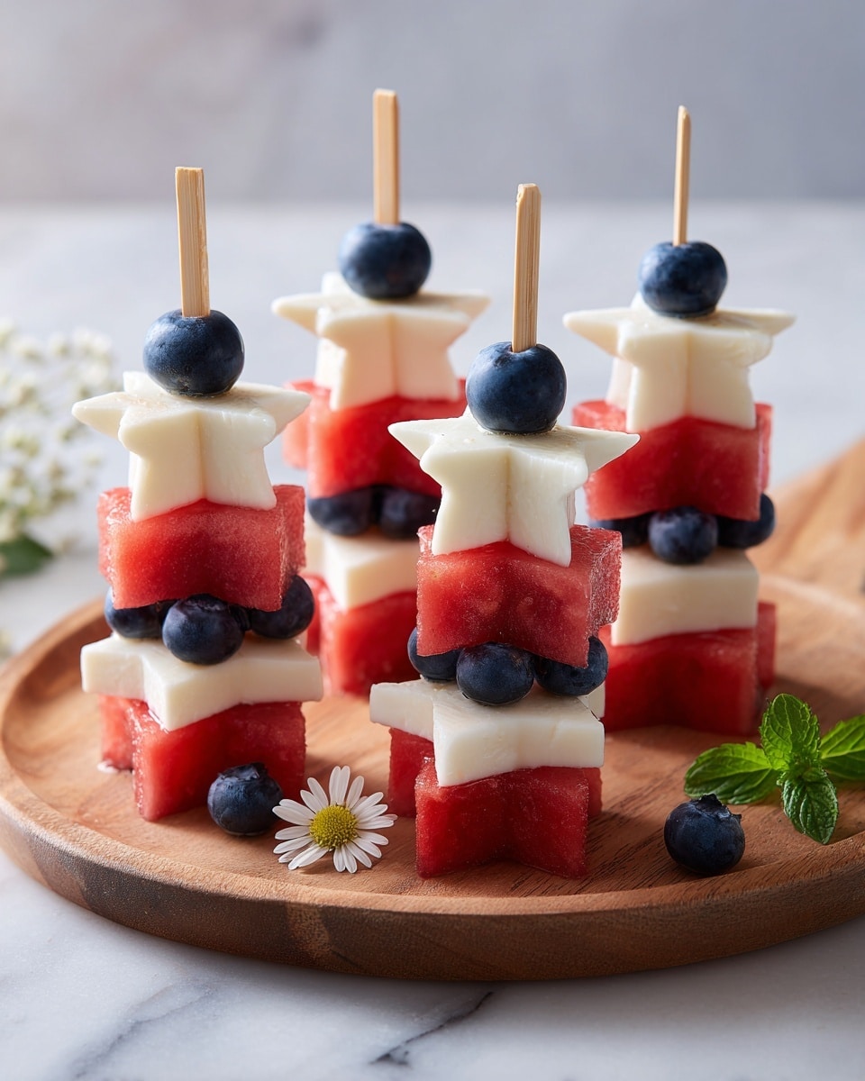 The image shows a round wooden board holding six star-shaped skewers made with three layers each: the bottom and middle layers are bright red watermelon stars with a juicy texture, and the middle layer is a creamy white feta cheese star, all stacked alternately. Each skewer is topped with a single fresh dark blue blueberry. The wooden board also has a small green mint leaf and a white daisy flower with a yellow center on the right side. The background is softly blurred, featuring soft natural light and a white marbled surface below. photo taken with an iphone --ar 4:5 --v 7