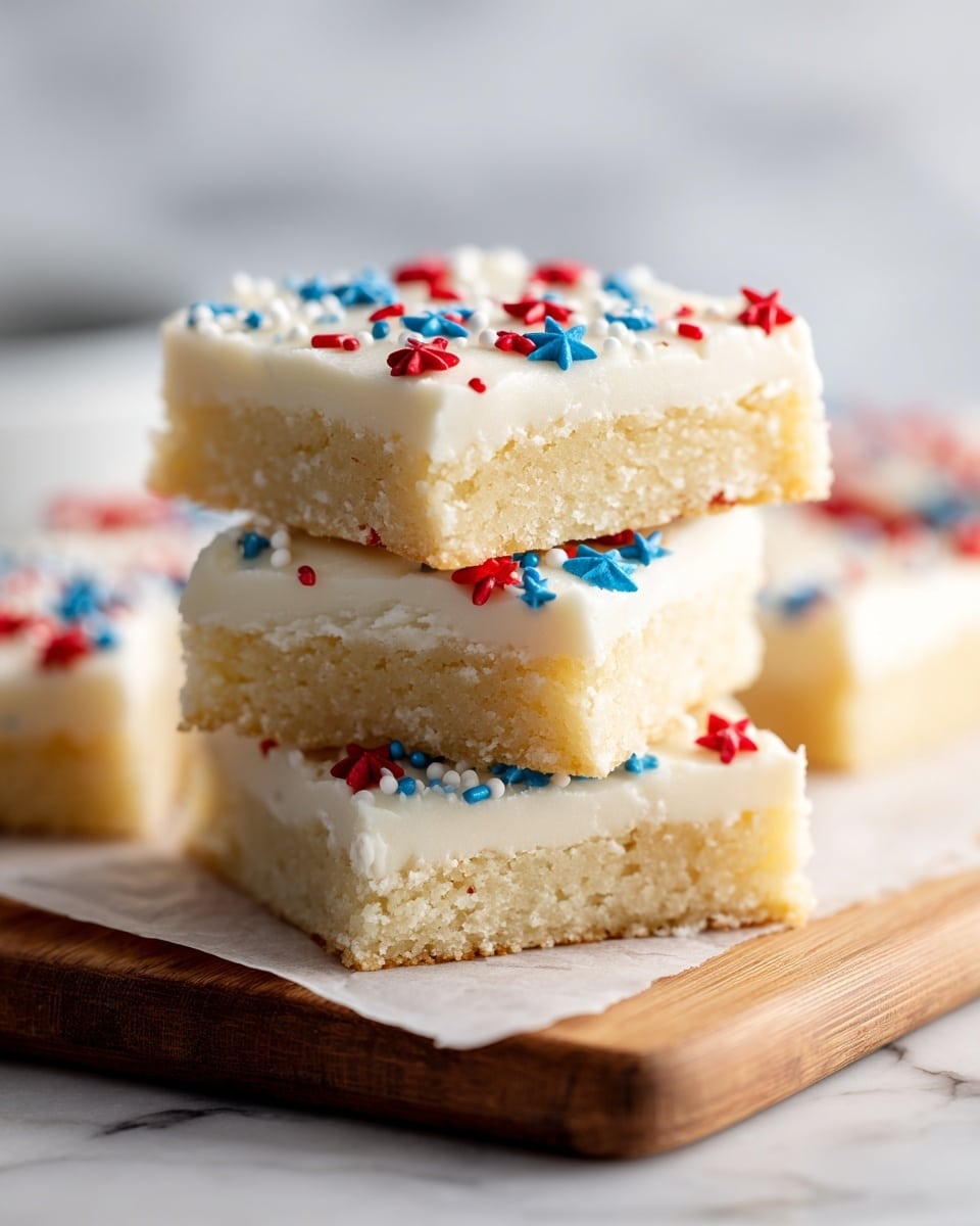 The image shows four square sugar cookie bars stacked and arranged neatly on a wooden cutting board placed on a white marbled surface. Each bar has two layers: a thick, light golden-yellow base with small red and blue star sprinkles mixed inside, giving a festive look, and a smooth, creamy white frosting layer on top, also decorated with red and blue star-shaped sprinkles evenly spread across the surface. The texture of the base looks soft and chewy, while the frosting is thick and smooth. The bars are all cut cleanly, showing distinct layer boundaries. Photo taken with an iphone --ar 4:5 --v 7
