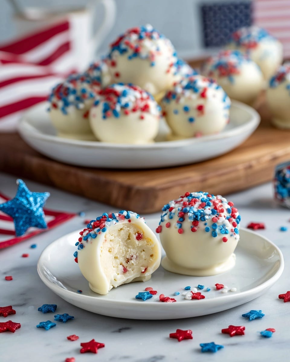A white plate holds seven round white chocolate truffles, each topped with red, white, and blue small festive sprinkles scattered unevenly across their smooth surfaces. One white truffle sits on a smaller white plate in front, showing a creamy light filling inside a clean bite. The background features a small American flag, hinting at celebration. The white plates rest on a white marbled textured surface with a few loose blue and red star-shaped sprinkles scattered nearby. photo taken with an iphone --ar 4:5 --v 7