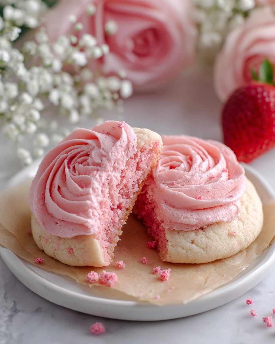 A soft pink cookie is shown broken in half on a white plate lined with light brown parchment paper. The cookie has two layers: the base is a crumbly pink cookie, and the top is a thick swirl of smooth pale pink frosting shaped like a rose. Crumbs from the cookie scatter around the plate. In the background, a bright red strawberry, blurry white flowers, and soft pink roses provide a gentle and fresh setting. The surface under the plate has a white marbled texture. photo taken with an iphone --ar 4:5 --v 7