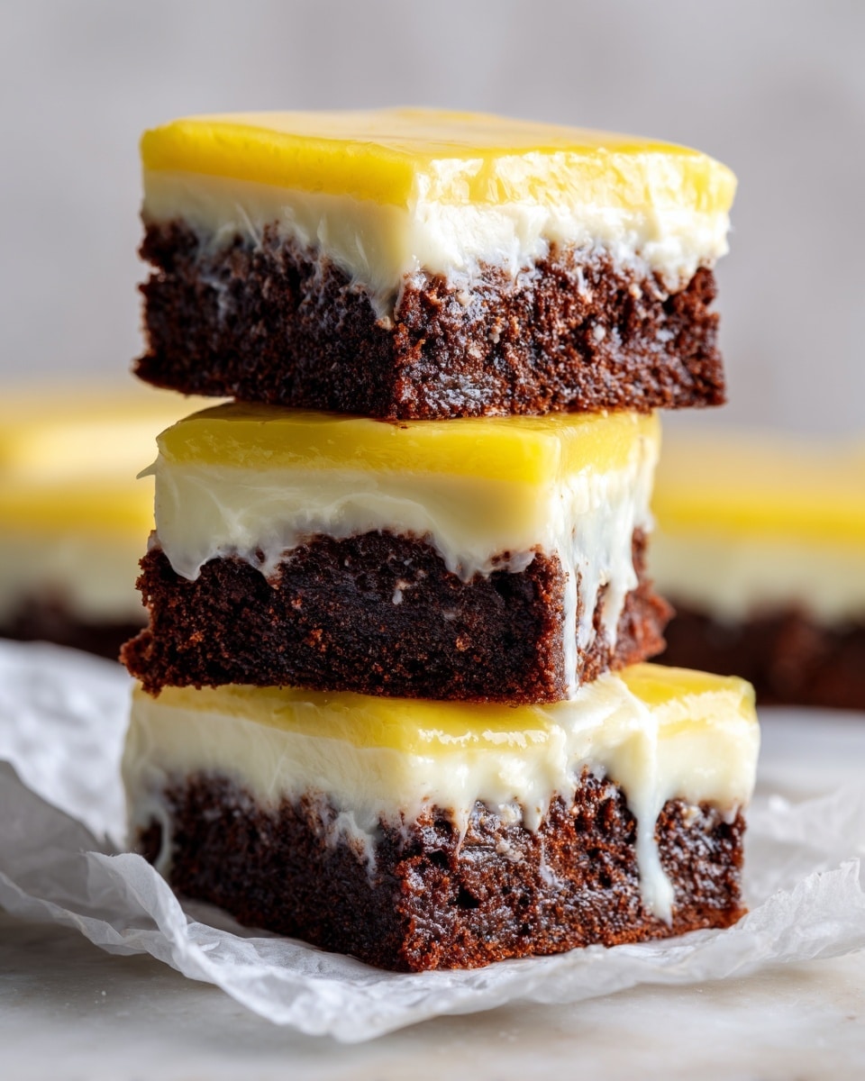 A stack of three square dessert bars shows clear layers, each bar having a thick, dark brown cake base with a moist and crumbly texture. On top of each cake base is a white creamy layer which looks smooth and slightly melting on the edges. Above the white layer sits a thick, glossy yellow topping with a shiny and smooth appearance, slightly dripping down the sides. The stack is placed on crumpled brown parchment paper, contrasting with the white marbled texture beneath. In the background, blurred bars of the same dessert can be seen. photo taken with an iphone --ar 4:5 --v 7