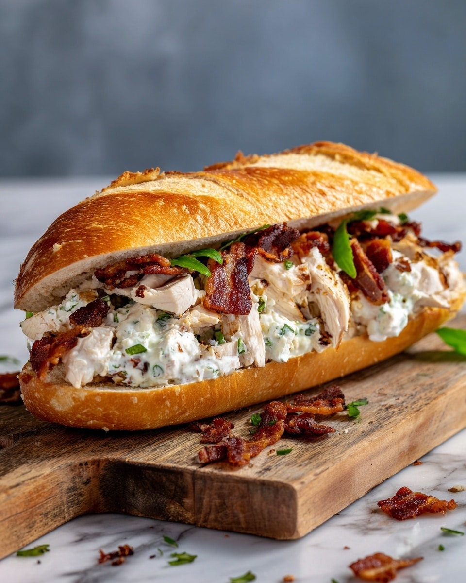 A sandwich made with a golden brown, crusty baguette sliced in half horizontally serves as the base. Inside, the first layer is a creamy white mixture with visible herbs, topped with chunks of cooked, light brown chicken pieces. Above the chicken, crisp, dark red bacon strips add texture and color. The sandwich rests on a rough wooden board with crumbs and small herb pieces scattered around. The background is a white marbled surface with a neutral, blurred backdrop. photo taken with an iphone --ar 4:5 --v 7