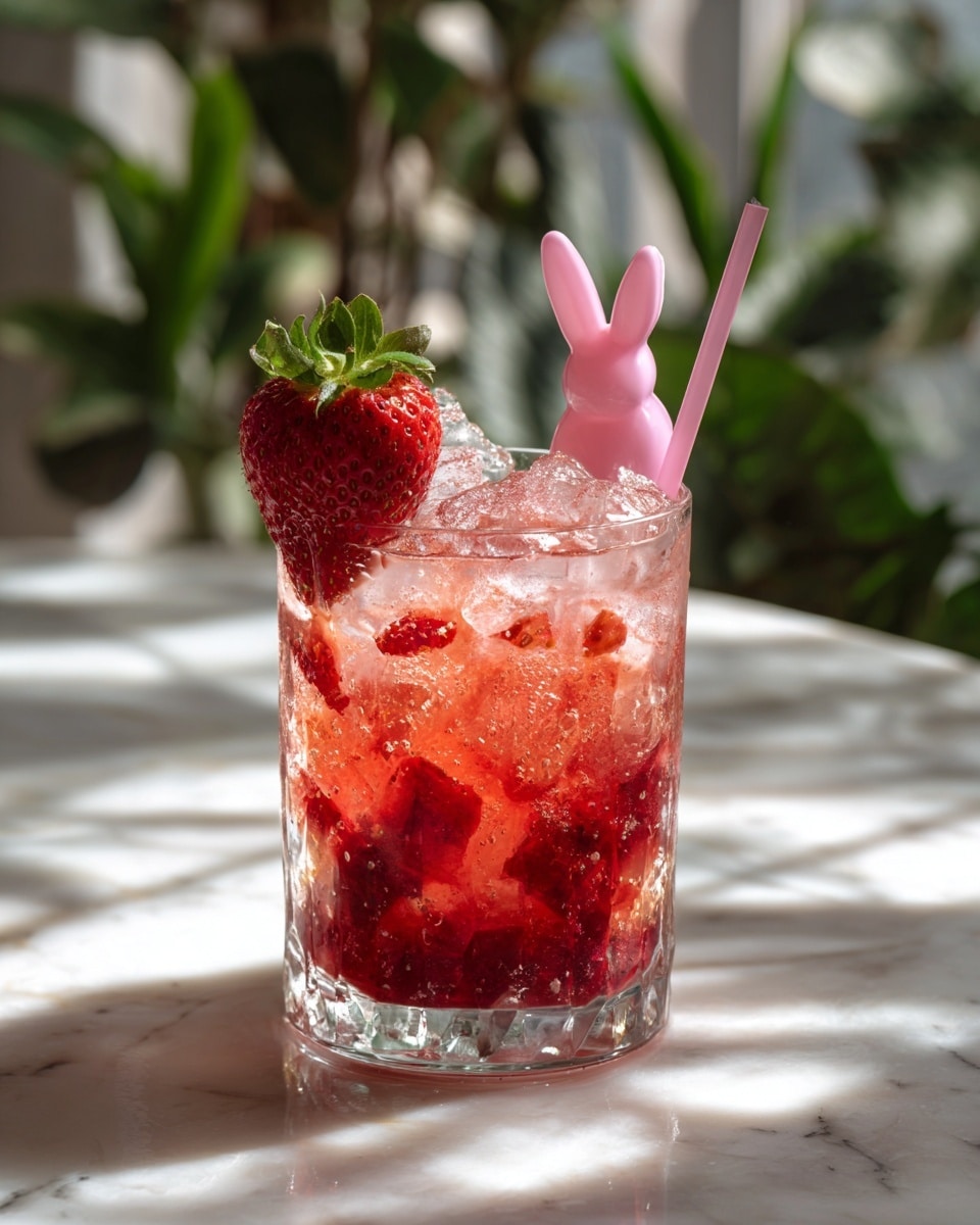 A clear textured glass filled with crushed ice and a red, chunky liquid layer at the bottom, creating a refreshing drink. On top of the ice sits a bright red strawberry with green leaves, and behind it, a pink bunny ear stir stick sticks out from the drink. The glass rests on a white marbled surface with green plant shadows and blurred greenery in the background, giving a fresh, natural feel. The light hits the drink from the side, making the ice and strawberry shine. photo taken with an iphone --ar 4:5 --v 7