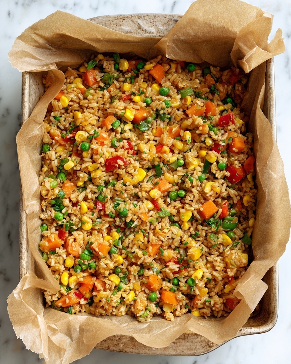 The image shows a white rectangular baking dish with a layer of mixed fried rice inside. The rice has a mix of colors from small pieces of corn, green peas, orange carrot bits, and light brown grains, creating a textured surface. The dish is lined with baking paper, and the background is a white marbled surface. The fried rice looks hot and freshly cooked with a slightly glossy appearance. photo taken with an iphone --ar 4:5 --v 7