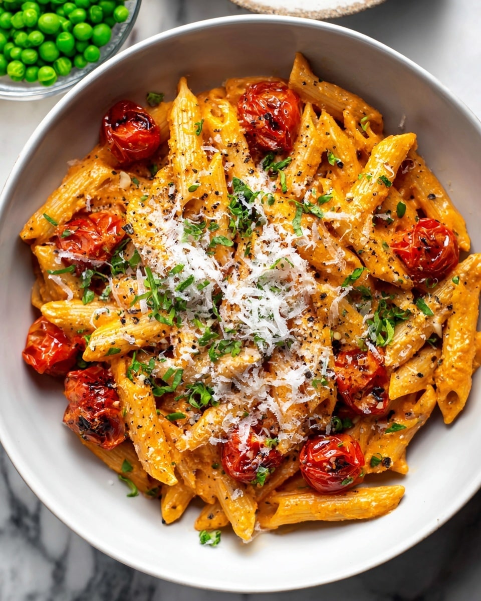 A white bowl filled with creamy orange pasta mixed with rigatoni noodles, cooked cherry tomatoes that are soft and bright red scattered throughout, topped with a sprinkling of grated white cheese and small pieces of green herbs, with a light layer of black pepper spread evenly on top, all placed on a white marbled surface. photo taken with an iphone --ar 4:5 --v 7