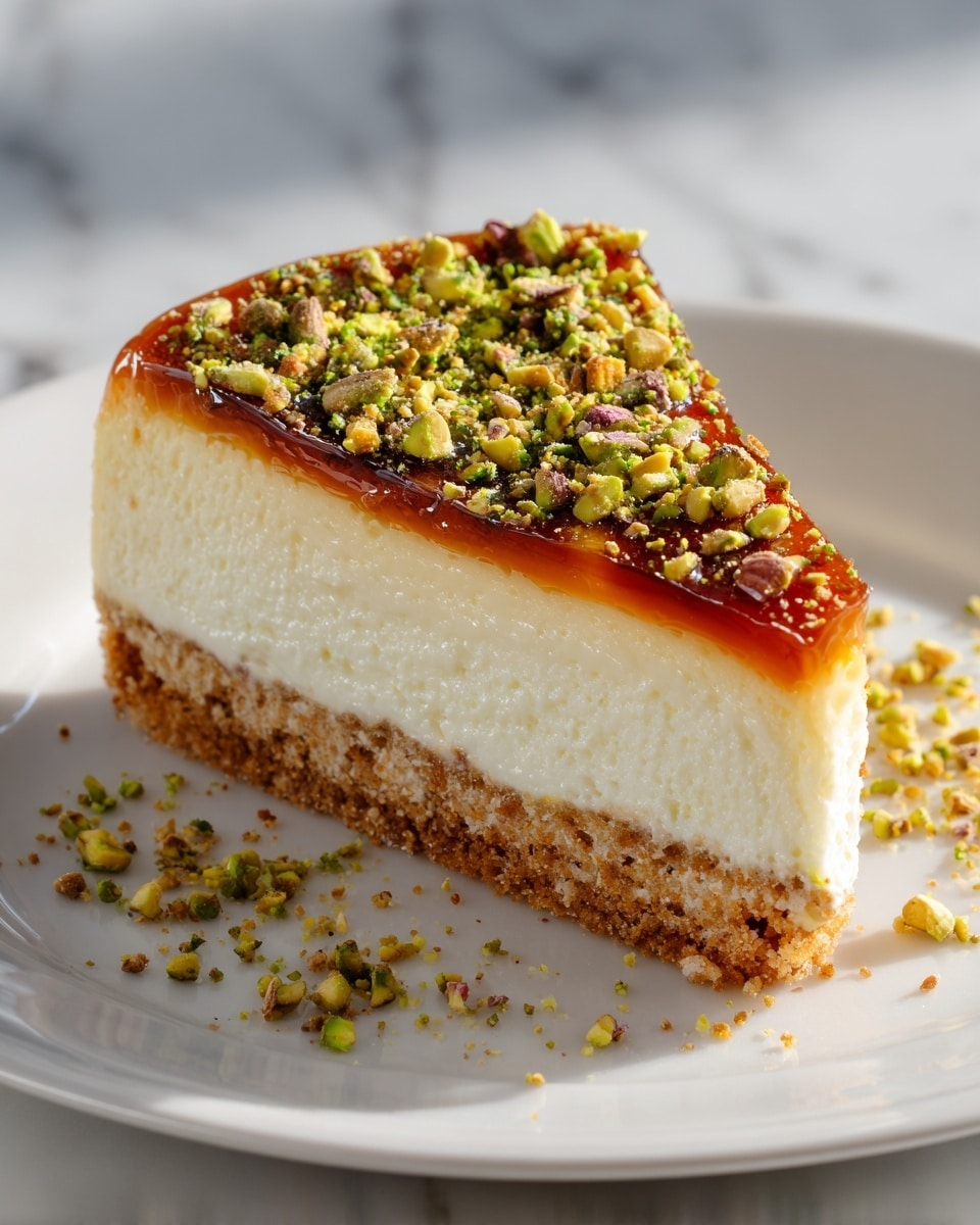The image shows a slice of cake on a white plate, placed on a white marbled surface. The cake has three layers: a bottom crumbly light brown crust, a thick middle creamy white layer, and a top thin golden shiny layer with a smooth texture covered with green crushed pistachio nuts, some of which have fallen on the plate around the cake. Photo taken with an iphone --ar 4:5 --v 7