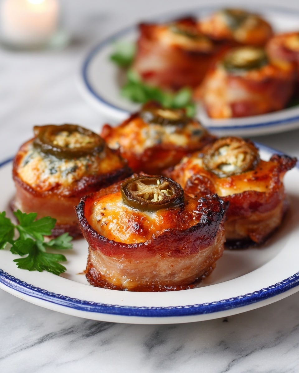 The image shows several small round appetizers called pig shots arranged closely on a white plate with a blue rim, set on a white marbled surface. Each pig shot has three layers: a crispy, dark reddish-brown bacon wrap forms the outer layer, holding a creamy, light yellow cheese filling inside, topped with a slice of green jalapeño pepper with a slightly roasted texture. The cheese appears melted and slightly browned in spots. In the background, another white plate with more pig shots is slightly blurred, with some fresh green parsley beside it. The overall look is warm and inviting. photo taken with an iphone --ar 4:5 --v 7