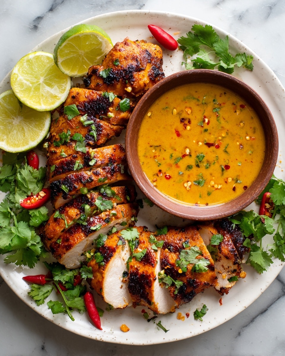 A white plate filled with grilled chicken pieces that are golden orange with charred black spots, some sliced to show the white inside, garnished with green cilantro leaves scattered on top and around the edges. On one side of the plate, two lemon halves rest on fresh cilantro, while on the other side, there are two whole red chili peppers. In the center of the plate, there is a small brown bowl filled with an orange-yellow sauce sprinkled with red chili flakes and cilantro. The plate is set on a white marbled surface with hints of green from more cilantro leaves and parts of other bowls of sauce visible near the edges. photo taken with an iphone --ar 4:5 --v 7
