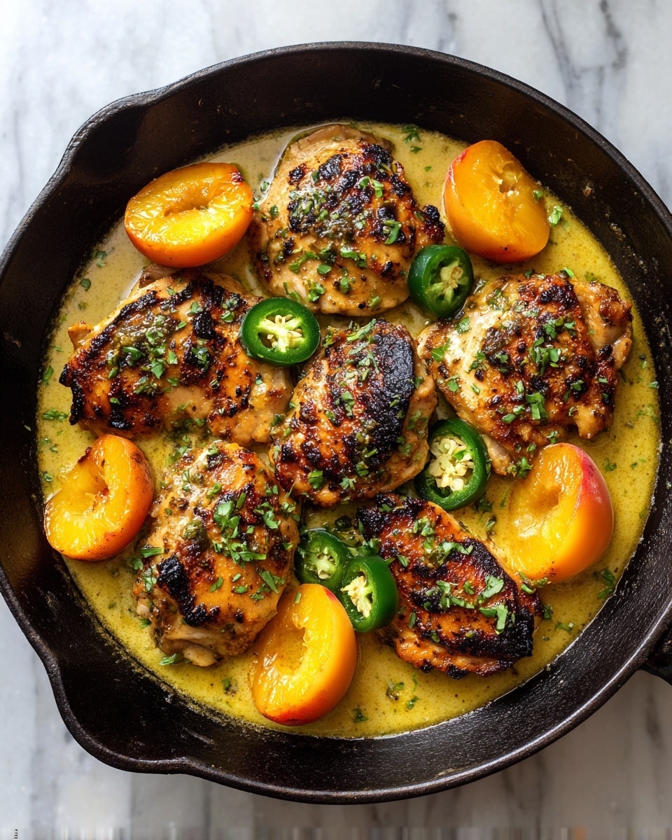 The image shows a black pan filled with six pieces of golden-brown grilled chicken, each piece having a few charred marks and a shiny glaze. Around the chicken, there are several slices of bright orange peach halves, glossy with juice, and a few thick slices of green jalapeño peppers with visible seeds. The dish is topped with a sprinkle of chopped fresh green herbs, and a yellow sauce pools at the bottom of the pan. The pan sits on a white marbled surface. photo taken with an iphone --ar 4:5 --v 7
