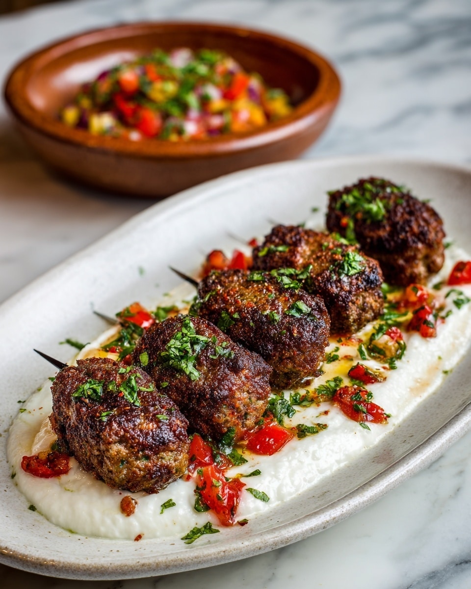 The dish shows four grilled kebabs with a dark brown, crispy outside, arranged on top of a creamy white sauce spread evenly on a large white plate with a stone-like edge. Around the kebabs, there are small pieces of chopped red tomato, white onion, and lots of bright green chopped herbs scattered on and around the kebabs. The plate is set on a white marbled textured surface, and in the background, a blurred bowl with a similar mix of diced tomatoes, onions, and herbs can be seen. The colors are rich and vibrant, with the contrast between the dark kebabs and fresh vegetables making the dish look tasty and fresh. Photo taken with an iphone --ar 4:5 --v 7