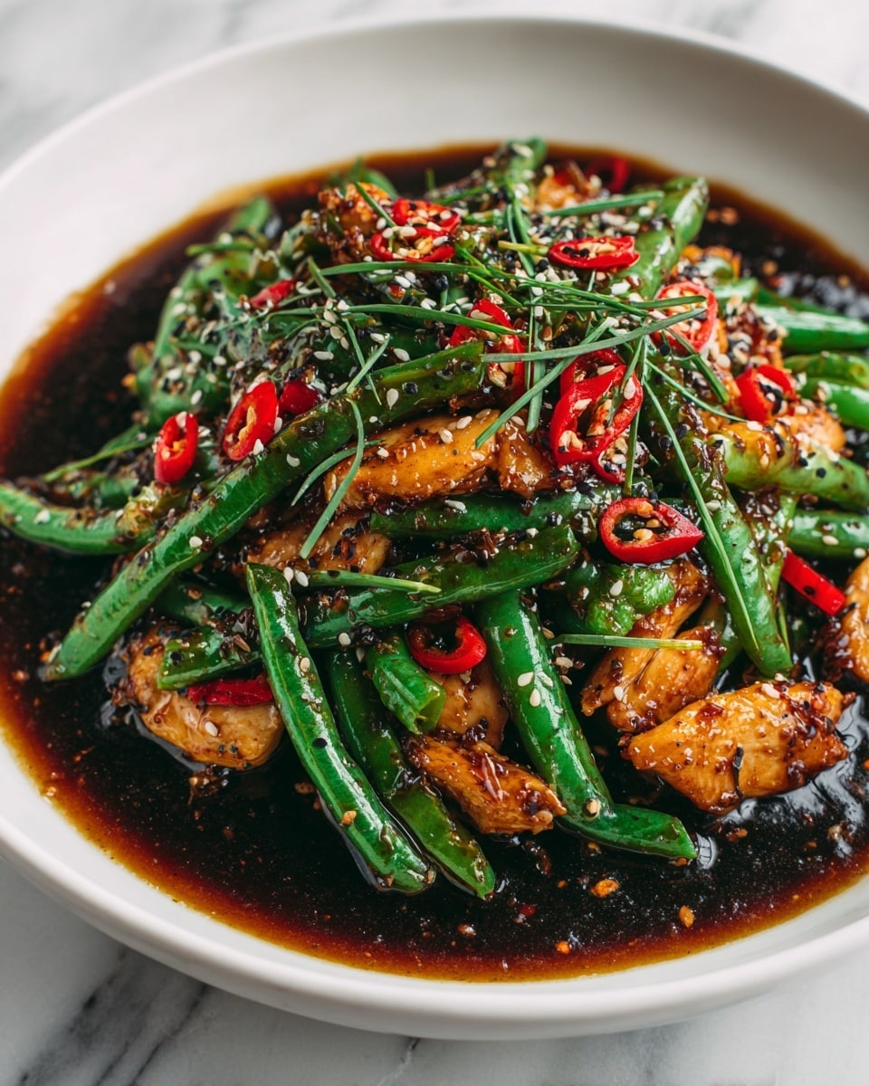 A close-up of a dish in a white bowl filled with bright green beans and golden-brown strips of cooked chicken layered evenly throughout. The chicken strips are glazed with a shiny, dark brown sauce that pools slightly at the bottom, coating the green beans and giving the dish a glossy look. Scattered on top are small pieces of red chili and sprinkled white sesame seeds, adding pops of color and texture. Thinly sliced green onions are lightly mixed in, enhancing the freshness. The bowl sits on a white marbled surface, and the overall image has a warm and rich tone. photo taken with an iphone --ar 4:5 --v 7
