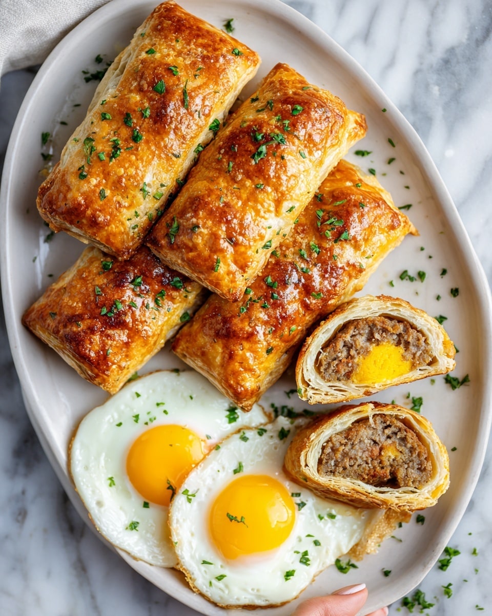 A white plate sits on a white marbled surface, holding five golden-brown puff pastry rolls with a flaky texture, each cut to show a layered filling of beef, a yellow egg yolk, and soft dough inside. The pastries are sprinkled with small green herb pieces. Next to the rolls are two sunny-side up eggs with bright yellow yolks and smooth white edges. The whole dish looks warm and fresh. Photo taken with an iphone --ar 4:5 --v 7