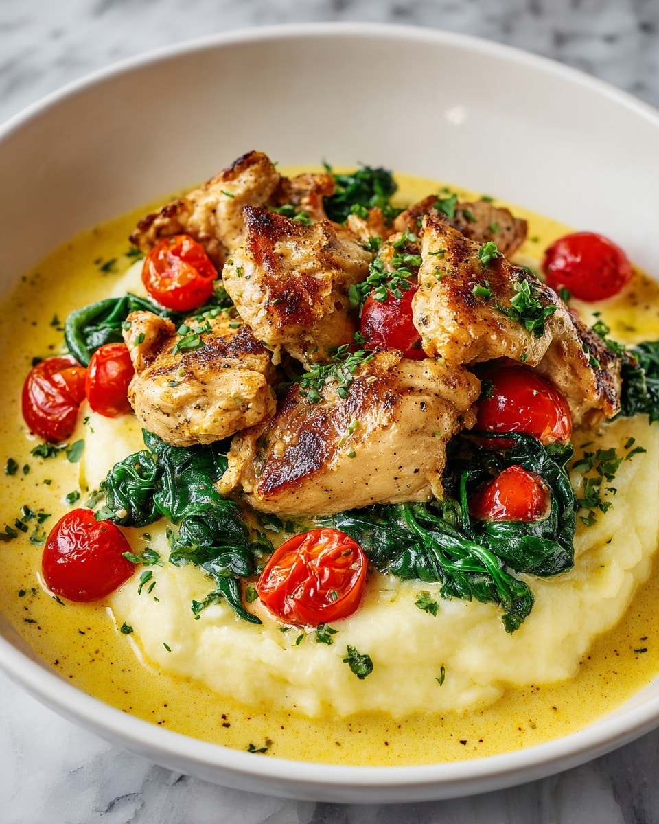 The dish shows three pieces of golden chicken topped with bright green cooked spinach and small red cherry tomatoes. The chicken and veggies sit on a creamy, light yellow sauce that covers the bottom of a deep white bowl. There are small bits of herbs over the chicken, adding texture and color. The bowl is on a white marbled surface with some blurred plants in the background. The lighting makes the colors look fresh and warm. photo taken with an iphone --ar 4:5 --v 7
