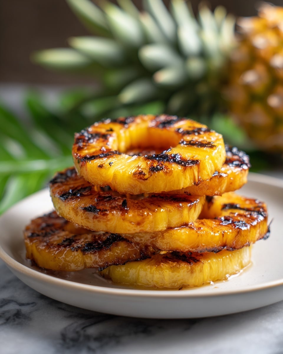 A white plate holds four grilled pineapple rings stacked slightly unevenly, each ring golden yellow with dark brown char marks and glistening juice on the surface. The texture looks juicy and caramelized with a few burnt edges. The plate is placed on a white marbled surface, with green palm leaves in the foreground and a pineapple partially visible in the background, adding a tropical feel. The lighting is warm, highlighting the shine and detail of the grilled fruit. photo taken with an iphone --ar 4:5 --v 7