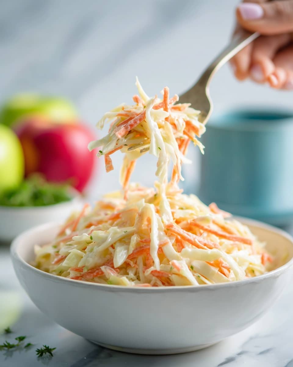 The image shows a white bowl filled with a creamy salad made of shredded cabbage and thin carrot strips, mixed with a light dressing that gives it a soft, shiny texture; a spoon is lifting a colorful forkful of the salad, held by a woman's hand coming from the right side. The bowl sits on a light blue cloth, which is placed on a white marbled surface. In the background, there are blurred shapes of red and green fruits or vegetables, and a small dish with fresh green leaves is partially visible in the lower front part of the image. Photo taken with an iphone --ar 4:5 --v 7