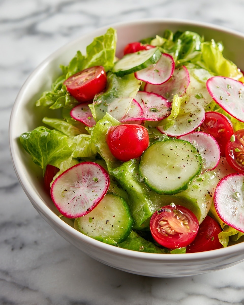 A bowl of fresh salad with green romaine lettuce leaves layered on the bottom, topped with thinly sliced red radish rounds, halved cherry tomatoes, and thin cucumber slices. The salad is lightly sprinkled with green herbs and a creamy dressing that adds a slight shine to the vegetables. The bowl is white, sitting on a white marbled surface. Photo taken with an iphone --ar 4:5 --v 7