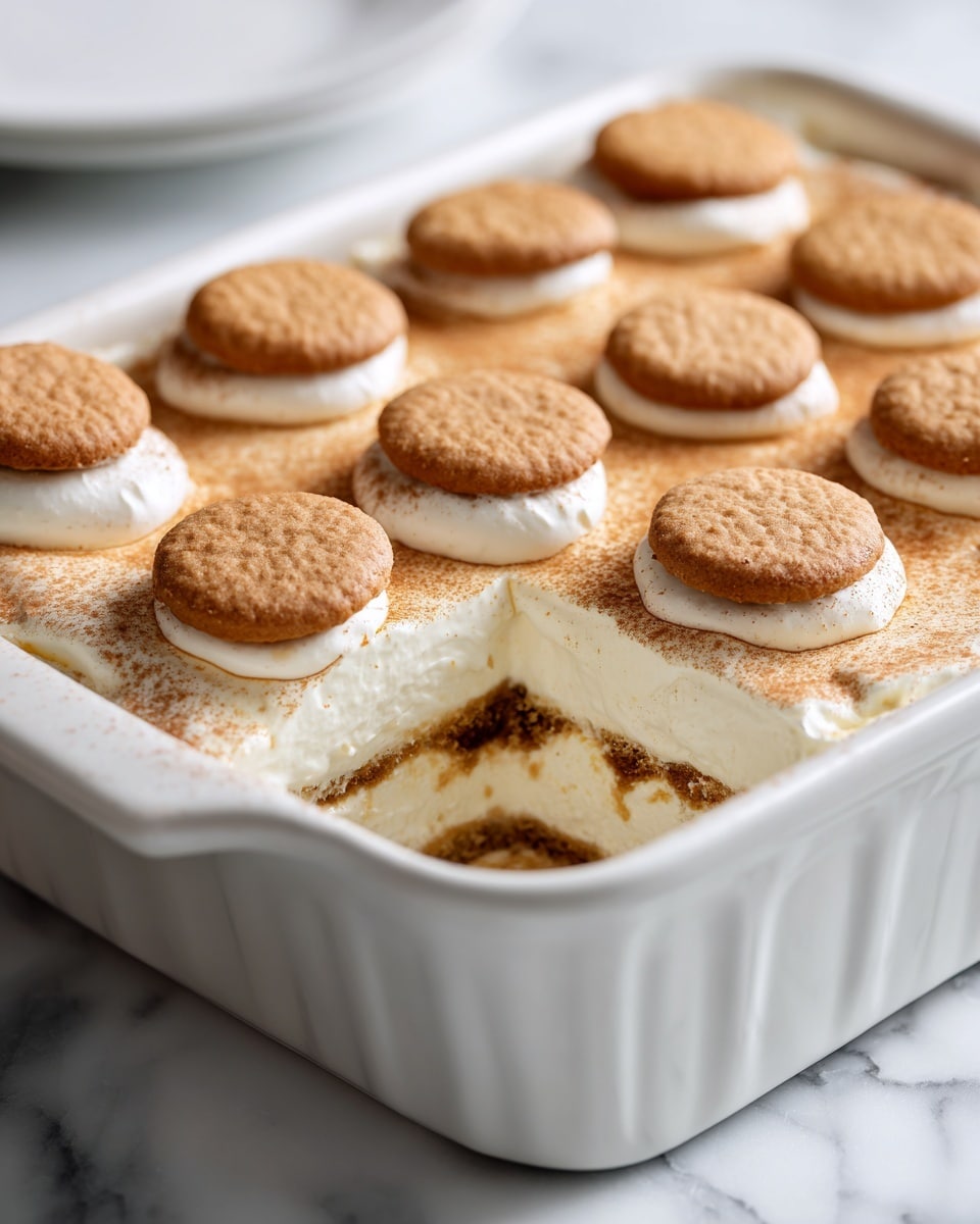 A white baking dish filled with a sweet dessert featuring multiple round dollops of light brown filling nestled in smooth, fluffy white whipped cream, arranged in four rows and four columns. Each dollop has a slightly cracked surface texture, adding a homemade look. The dish sits on a white marbled surface, showing soft natural lighting highlighting the creamy and airy texture of the whipped cream and the firm, slightly crumbly texture of the brown filling. photo taken with an iphone --ar 4:5 --v 7