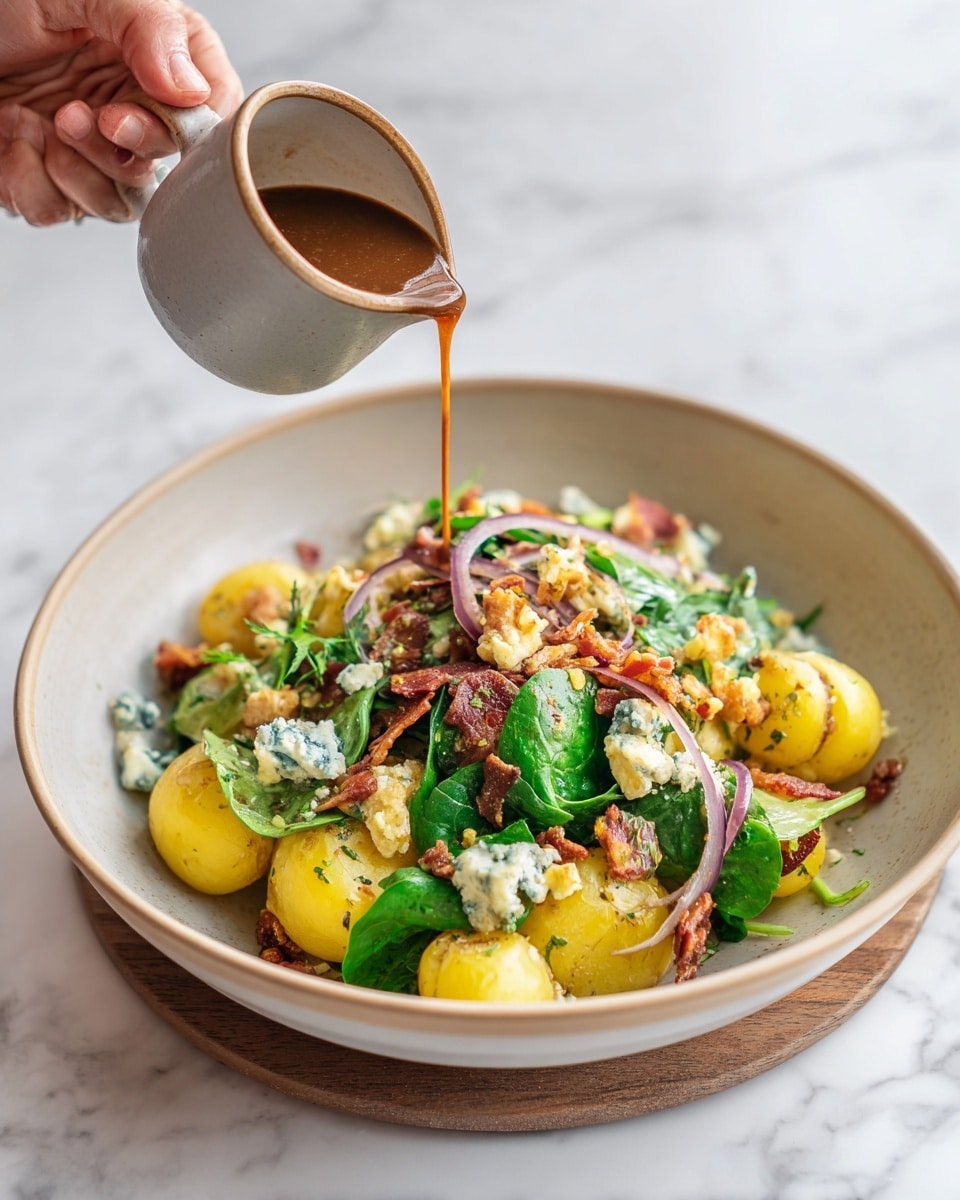 The dish is served in a large white bowl filled with small golden roasted potatoes, fresh green spinach leaves, and thin red onion slices mixed together. On top, there is a sprinkling of crumbled white cheese and small bits of crispy bacon, adding texture and color contrast. A small silver cup held by a woman's hand is pouring a glossy brown sauce over the dish. The bowl is placed on a white marbled surface. Photo taken with an iphone --ar 4:5 --v 7