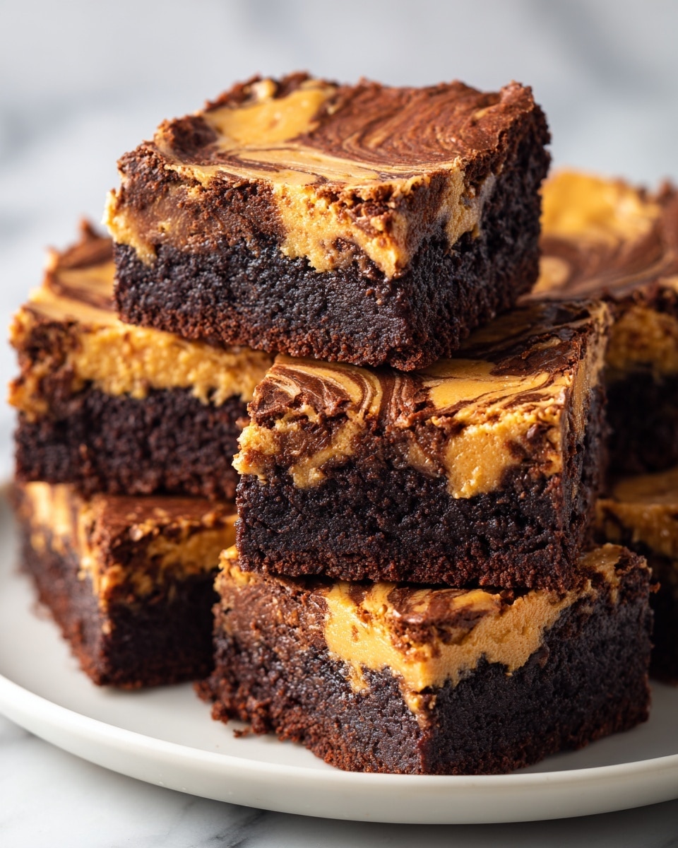 A stack of seven thick square brownies sits on a white plate set on a white marbled texture. Each brownie has two visible layers: a dense, dark brown chocolate base with a moist texture, and a golden-brown peanut butter swirl on top with a smooth, slightly cracked surface. The peanut butter layer shows a marbled pattern blending with the chocolate, creating a contrast of dark and light brown colors. The edges of the brownies are crumbly and slightly rough, while the tops are smooth with clear swirls. Photo taken with an iphone --ar 4:5 --v 7