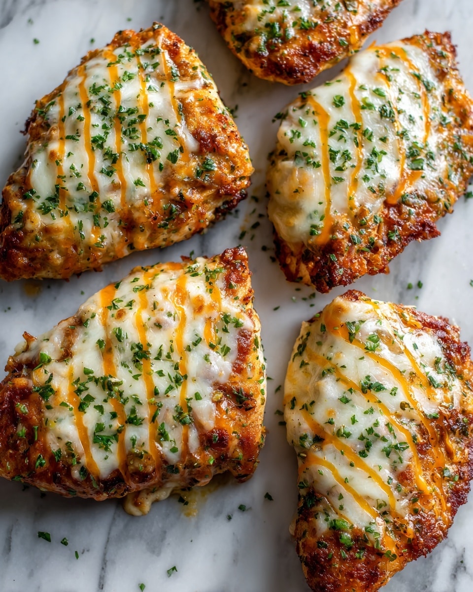 The image shows five stuffed baked potatoes arranged closely together on a white marbled surface. Each potato is split open and filled with a creamy mixture topped with melted white cheese. Orange sauce is drizzled evenly over the cheese layer, and small green herb pieces are sprinkled on top for a fresh look. The potatoes have a golden brown crispy skin around the edges, and the layering of textures from crispy skin, creamy filling, melted cheese, and sauce is clearly visible. Photo taken with an iphone --ar 4:5 --v 7