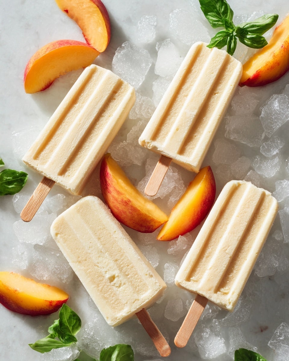 Four light orange peach popsicles with a smooth texture and small fruit bits are placed on ice cubes over a white marbled surface. Each popsicle is attached to a wooden stick and arranged in a scattered pattern. Fresh peach slices with bright yellow and red-orange skin are placed around the popsicles, along with a few fresh green basil leaves adding contrast. The ice cubes are clear with a glossy finish, giving a refreshing feel to the scene. Photo taken with an iphone --ar 4:5 --v 7