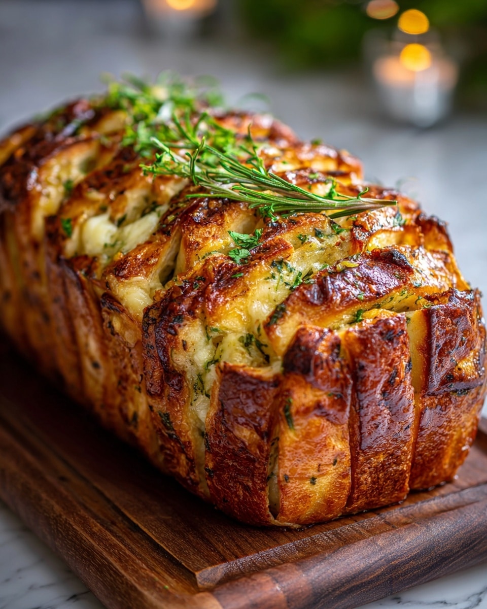 The image shows a golden brown loaf of pull-apart bread on a round wooden board. The bread is cut into thick sections, with a shiny cheesy and herb topping melting into the cracks between the slices. Green herbs, possibly thyme, are sprinkled and placed on top of the bread, adding a fresh touch. The bread's interior has a light, fluffy texture with visible green herbs mixed throughout. In the blurred background, there is a white bowl with creamy butter and some scattered green herbs on a white marbled surface. photo taken with an iphone --ar 4:5 --v 7