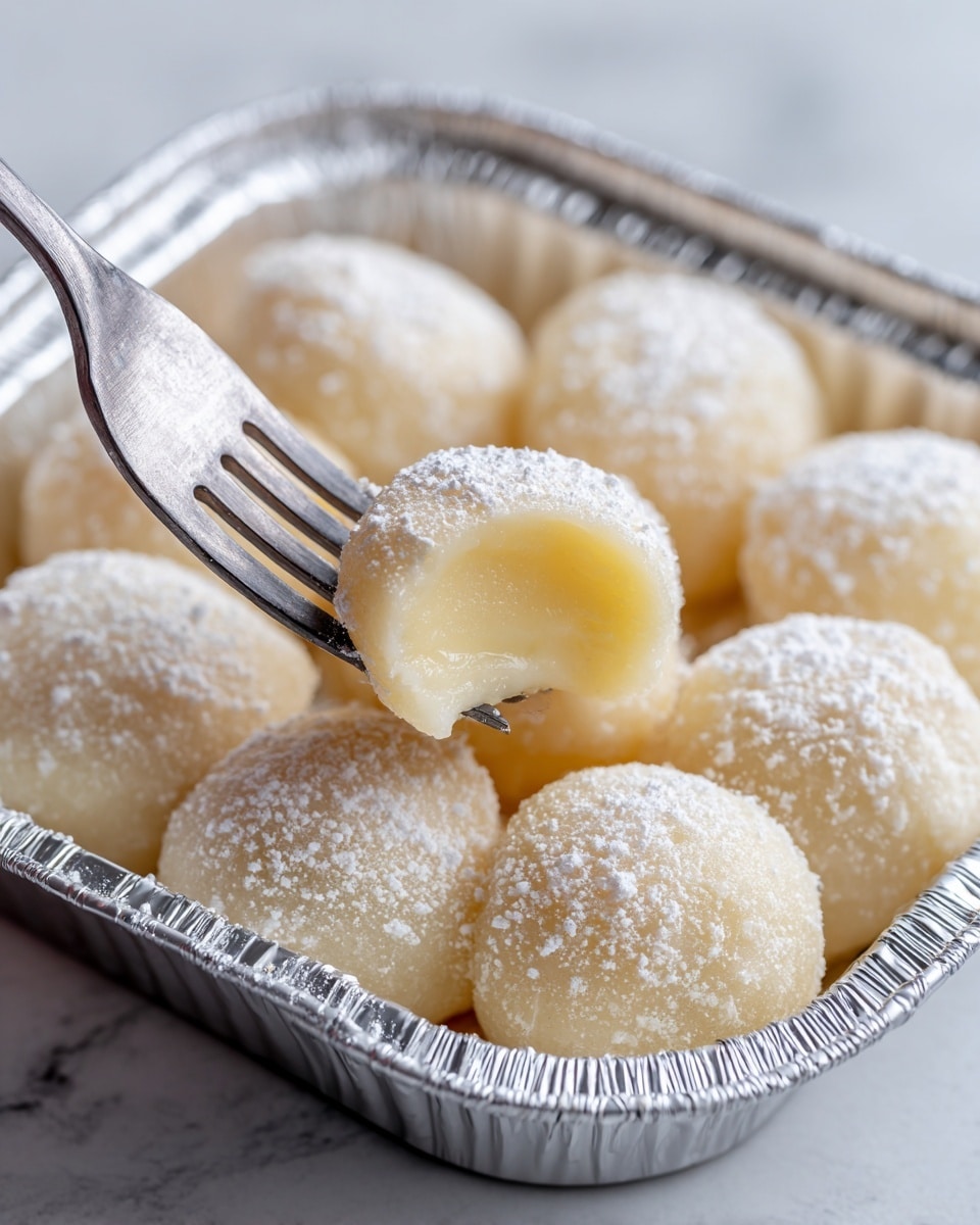 This image shows a round white foil tray holding nine pieces of white mochi with a powdered sugar-like coating. Each mochi is dome-shaped with a soft, smooth texture. One piece is lifted in the air by a silver fork on the right side, revealing a pale inner texture similar to the outer layer. The tray is set on a white marbled surface, creating a clean and simple backdrop for the mochi. photo taken with an iphone --ar 4:5 --v 7