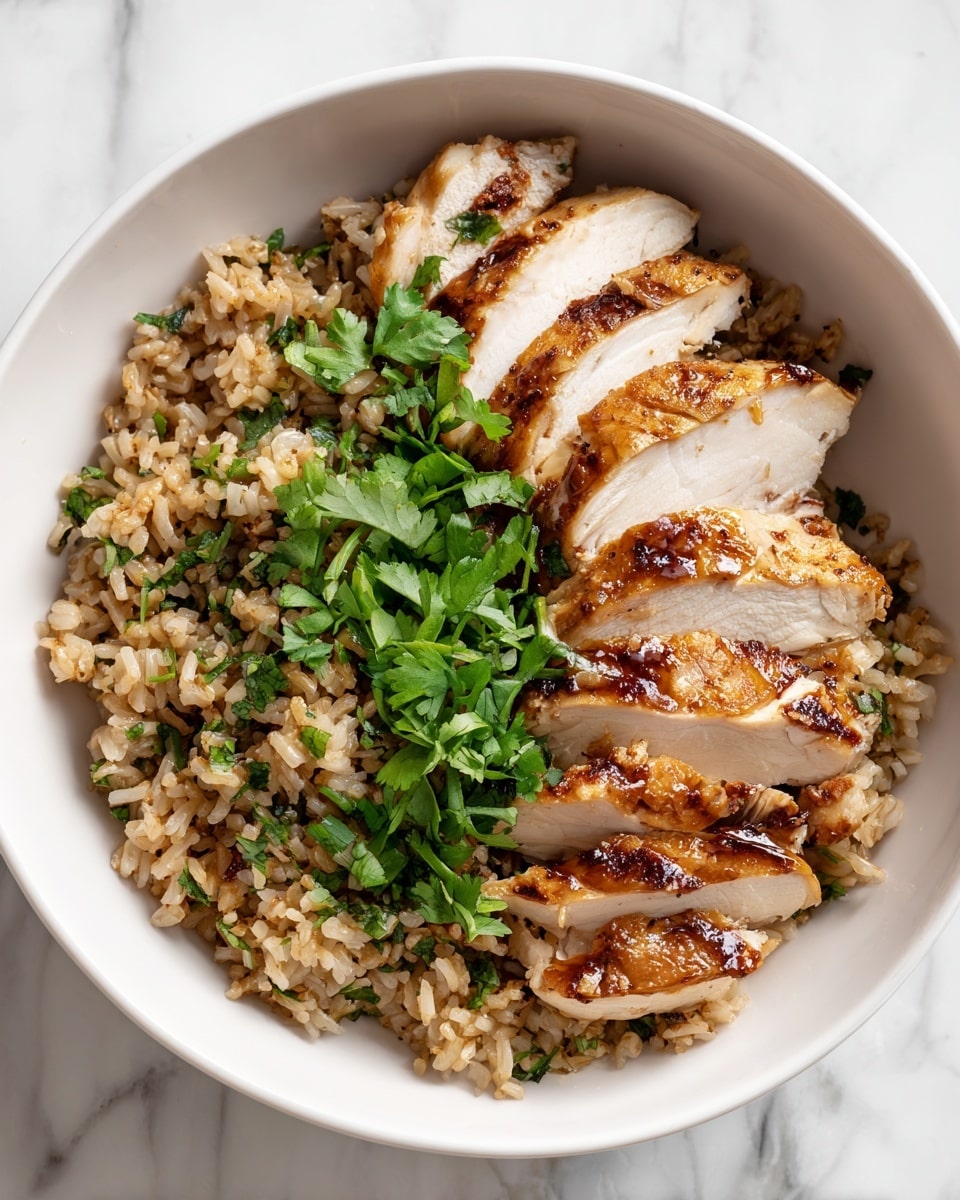 A white bowl filled with a bed of light brown fried rice, topped with several pieces of grilled chicken that have clear char marks and a golden brown color. The chicken slices are arranged in a neat row on top of the rice. Fresh green herbs are sprinkled on the chicken and rice, adding a pop of color. The bowl is placed on a white marbled surface. Photo taken with an iphone --ar 4:5 --v 7