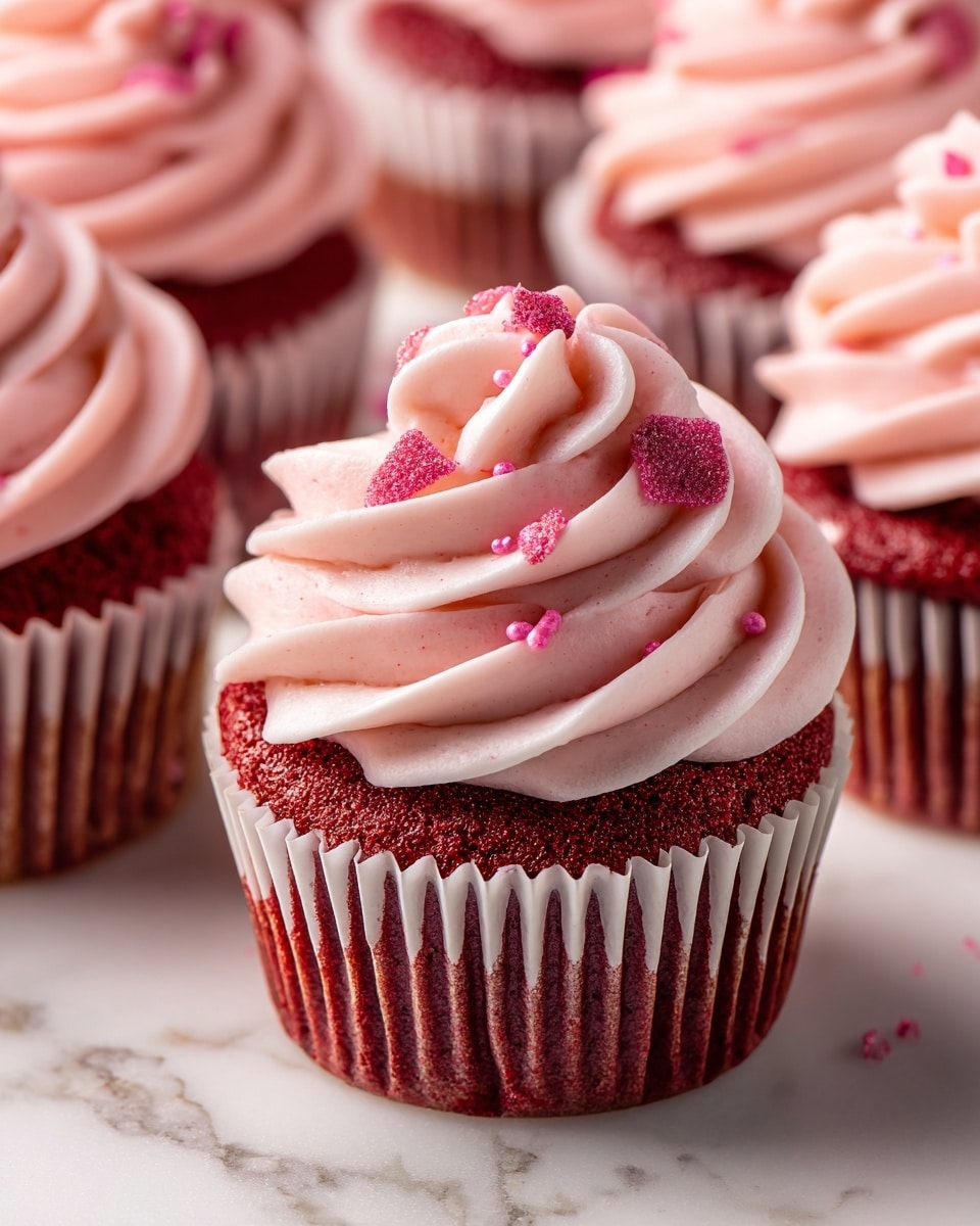 A close-up view of a red velvet cupcake with two main layers: the bottom layer is a rich, dark red cake with a soft, slightly textured surface enclosed in a white ridged paper liner, and the top layer is a tall swirl of smooth, pale pink frosting with a creamy texture, topped with small pink sprinkles scattered on the frosting. In the background, more cupcakes with the same layers are slightly out of focus, all placed on a white marbled surface. photo taken with an iphone --ar 4:5 --v 7