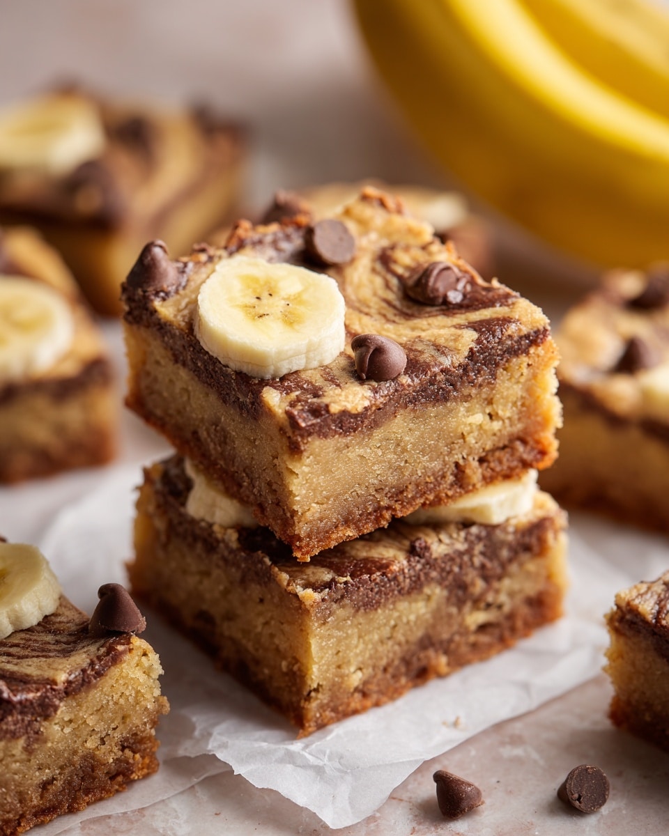 A stack of three square banana dessert bars is shown on a piece of white parchment paper, placed on a white marbled surface. The top bar is golden brown and crumbly with a soft texture, featuring small chocolate chips embedded in it. The two bars underneath each have a slice of fresh banana on top, showing a pale yellow color and soft texture. Around the stack, there are more cut squares of the dessert and some scattered banana slices. In the upper left corner, a whole yellow banana is placed, and in the lower part of the image, a black and white patterned cloth is casually laid out. The colors are warm and natural, making the dessert look fresh and inviting. photo taken with an iphone --ar 4:5 --v 7