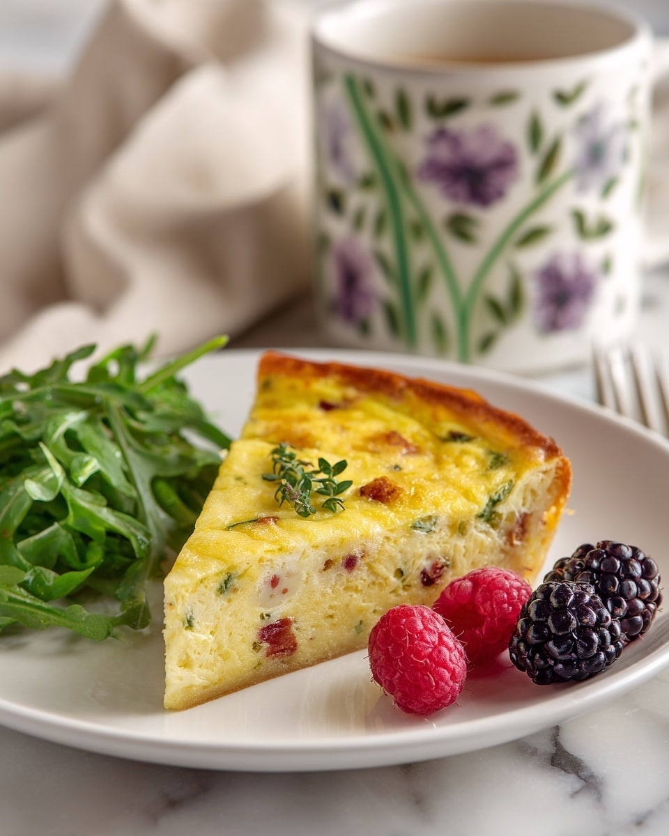 A thick slice of yellow quiche with visible green herbs and bits of mushrooms inside is placed at the center of a white plate. To the right of the quiche, there are three red raspberries and one large black blackberry, while fresh green arugula leaves are on the left side of the plate. In the background, there is a blurred floral cup with green leaves and purple flowers, all set on a white marbled surface. photo taken with an iphone --ar 4:5 --v 7