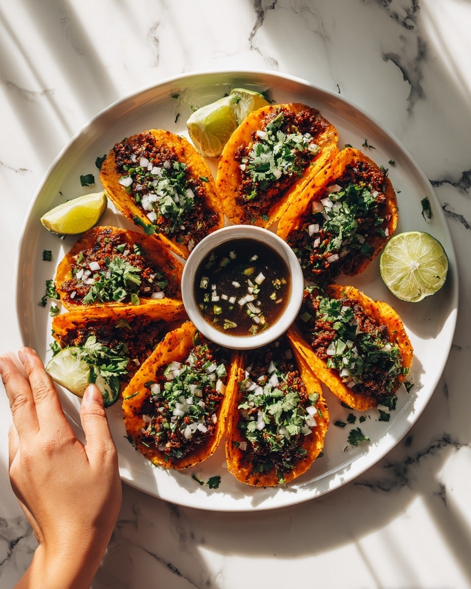A round white plate is filled with eight thick, golden-brown taco shells arranged in a circle, each shell slightly charred with crispy edges and stuffed with seasoned meat and greens inside. Between the taco shells at the center of the plate, there is a small white bowl holding a dark brown dipping sauce topped with finely chopped white onions and green herbs. Around the tacos, lime wedges add a pop of bright green color. The plate sits on a white marbled surface that reflects soft natural light. photo taken with an iphone --ar 4:5 --v 7