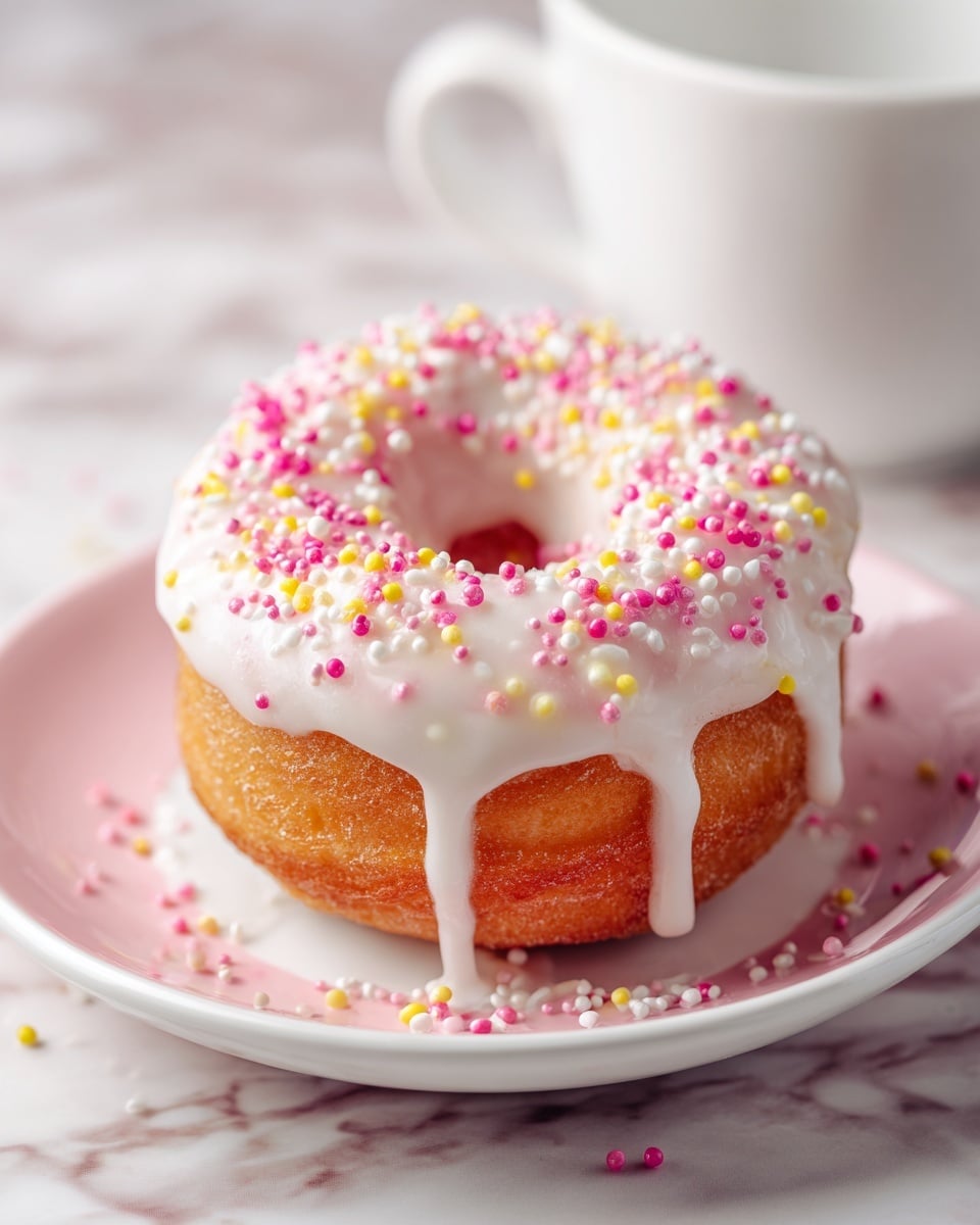 A single round donut with a thick, creamy white glaze covering the top and dripping down the sides, decorated with small pink, yellow, and white sprinkles scattered over the glaze and some on the saucer below. The donut sits inside a white mug, filling it and slightly overflowing the rim. The mug is placed on a matching white saucer with a few sprinkles around it, all set against a soft white marbled texture background. photo taken with an iphone --ar 4:5 --v 7