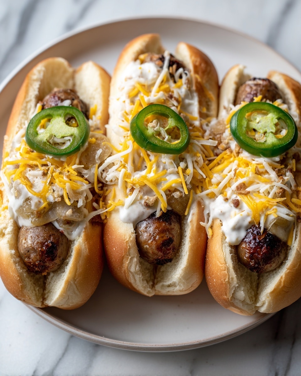 Three hot dogs are placed side by side on a white plate with a white marbled surface underneath. Each hot dog is in a soft, golden brown bun that is slightly toasted. The sausages are dark brown and grilled, resting inside the buns. On top of each sausage, there is a thick layer of creamy white sauce, covered with a generous sprinkling of shredded yellow and white cheese. Each hot dog is also topped with a slice of green jalapeño pepper, showing seeds inside. The overall look is colorful with soft textures of the bread, creamy sauce, melted cheese, and fresh jalapeño slices. photo taken with an iphone --ar 4:5 --v 7