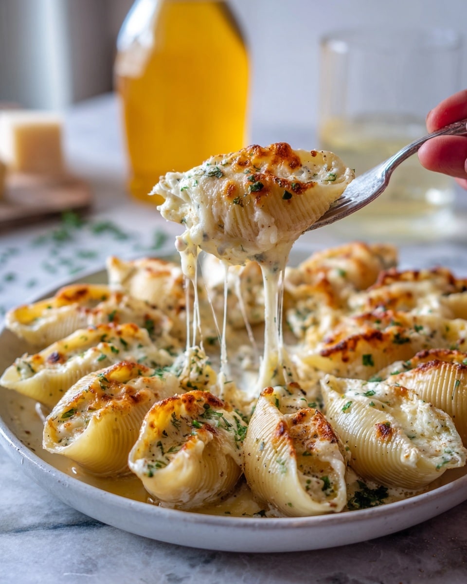 A close-up view of a white plate with large pasta shells filled with three layers: the bottom layer is yellow pasta shells with smooth ridges, the middle layer is creamy white cheese sauce inside and on top of the shells, and the top layer is golden-brown baked cheese with sprinkled black pepper and green herbs. A fork is lifting one stuffed shell covered in melted cheese that stretches down to the plate. The plate is set on a white marbled surface, and in the background, there is a blurred bottle of olive oil. photo taken with an iphone --ar 4:5 --v 7