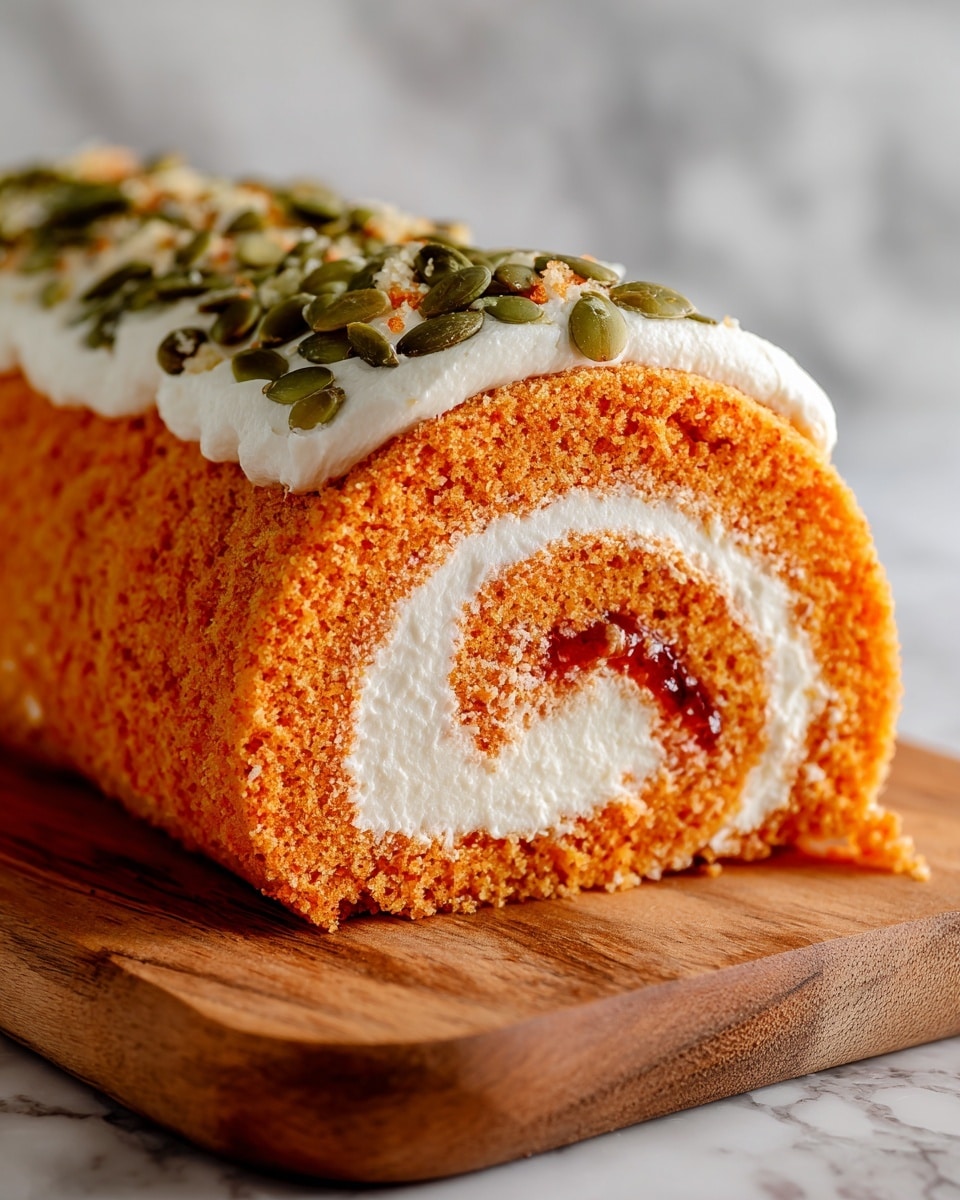 The image shows a close-up of a sliced loaf cake with three main layers inside. The outer layer is light orange with a soft, fluffy texture. Inside this is a thin, darker orange swirl layer that wraps around a smooth, creamy white filling at the center. The top of the loaf is covered with a layer of white icing and sprinkled with green pumpkin seeds for texture. The loaf is placed on a wooden board against a white marbled background. photo taken with an iphone --ar 4:5 --v 7