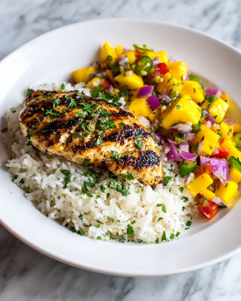 A white plate holds a dish with three main layers: the bottom layer is white rice dotted with small green herbs, covering the whole plate base; on top of the rice to one side, there is a bright mango salsa layer with yellow mango chunks, red and purple onion pieces, and green jalapeño slices mixed with fresh green herbs, creating a colorful and fresh texture; the top layer, placed slightly to the side but mostly centered, is a grilled chicken breast with visible dark grill marks, a golden-brown crispy surface, and sprinkled chopped green herbs, giving a contrast of warm and cool colors. The plate sits on a white marbled surface. photo taken with an iphone --ar 4:5 --v 7