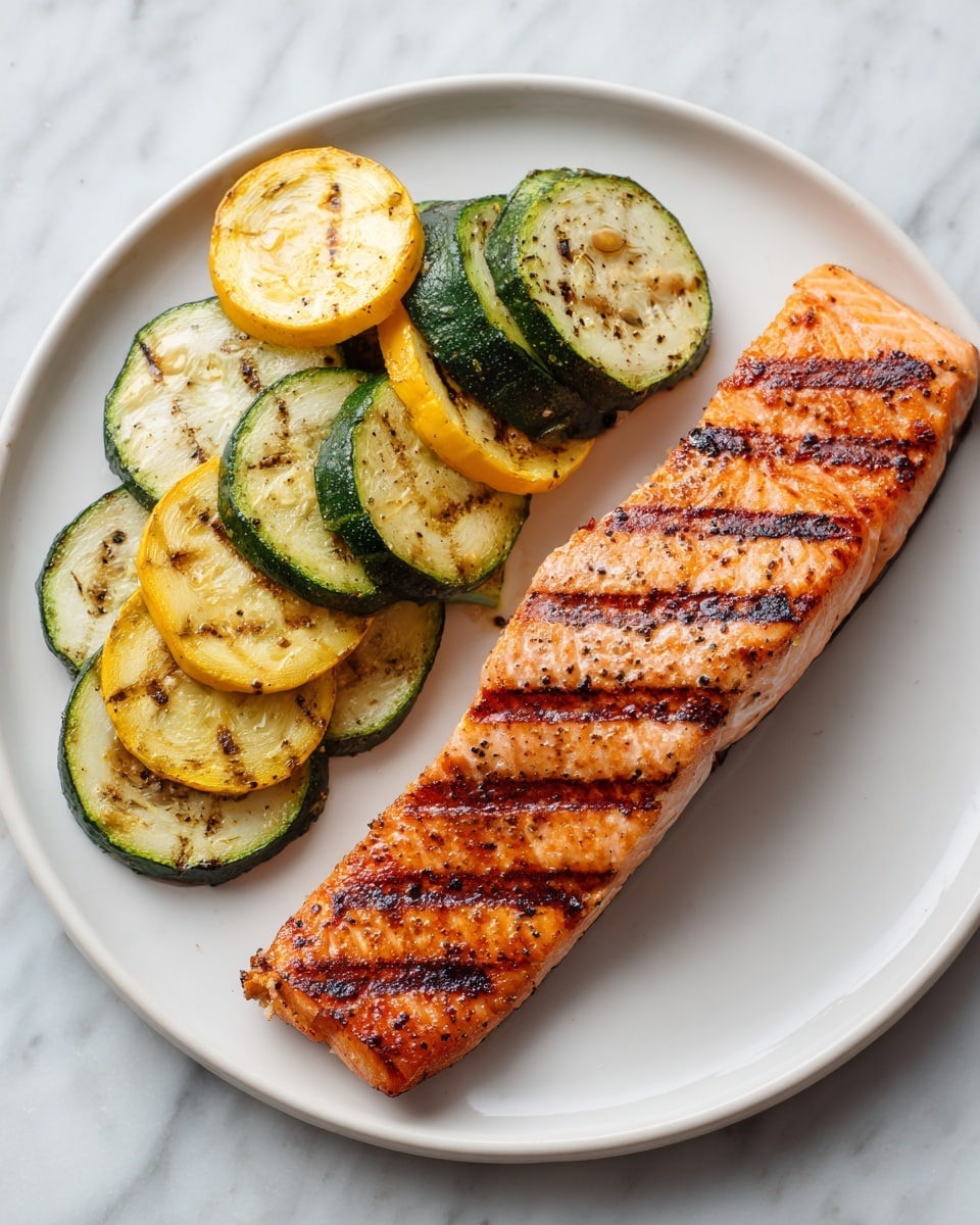 The image shows a white plate with two main parts: on the right side is a piece of grilled salmon with clear dark grill lines crossing it diagonally, its surface is shiny and pinkish-orange with a cooked texture. On the left side, there are round slices of grilled zucchini and yellow squash, browned in spots from the grill, arranged in a small pile, showing green edges and pale green or yellow centers with slight charring. The plate is set on a white marbled surface, and to the lower right side of the plate, part of a fork is visible. photo taken with an iphone --ar 4:5 --v 7