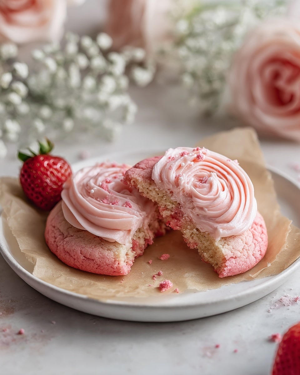 The image shows a soft pink cookie broken in half on a white plate lined with light brown parchment paper. The cookie has two main layers: a crumbly pink base and a thick swirl of smooth light pink frosting on top, shaped like a rose. There are small pink crumbs scattered around the broken cookie. Next to the cookie, there is a bright red strawberry, and soft pink roses along with some white baby's breath flowers blurred in the background. The whole scene rests on a white marbled texture surface. photo taken with an iphone --ar 4:5 --v 7