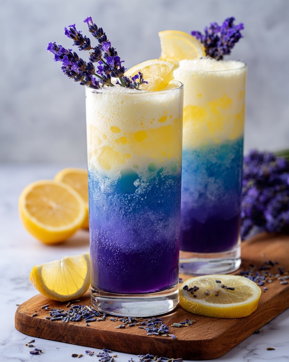 Two tall clear glasses are filled with a layered drink resting on a wooden board. Each glass has three visible layers: the bottom layer is a deep blue, the middle layer is a bright purple with a bubbly texture, and the top layer is light yellow with a foamy white cream on top. The drinks are garnished with a slice of lemon on the rim and a sprig of purple lavender flowers resting across the top. Dried lavender buds are scattered around the wooden board along with two lemon slices. The background is softly blurred, and the surface beneath the board is a white marbled texture. photo taken with an iphone --ar 4:5 --v 7