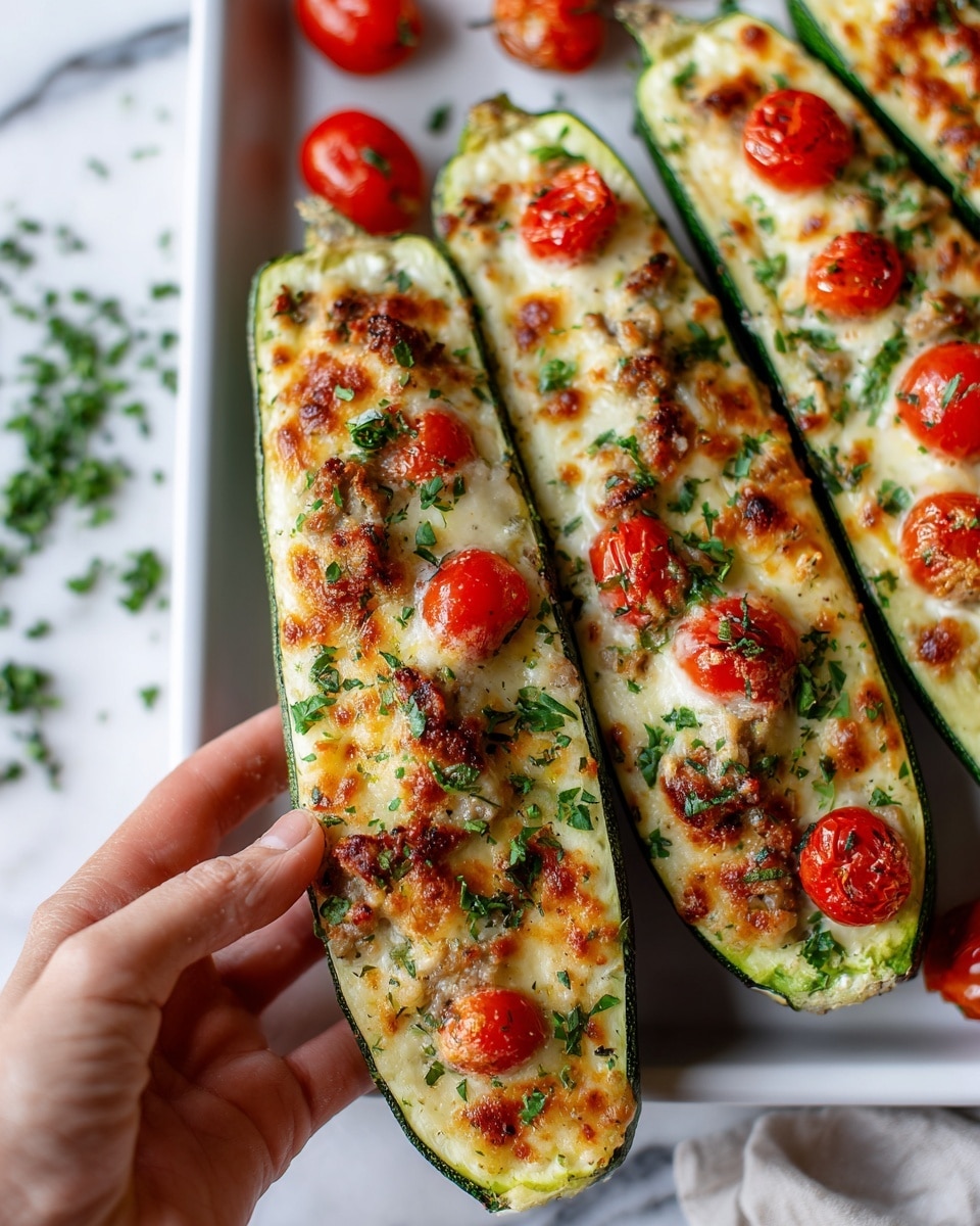 The image shows three halves of baked green zucchini filled with a creamy mixture that is golden and bubbly on top. Each zucchini half is garnished with halved cherry tomatoes that are bright red and slightly roasted, along with chopped green herbs. The texture of the filling looks soft with small bits of browned spots and a few pieces of sausage scattered inside, adding a slight reddish-brown color contrast. The zucchini halves rest on a white tray with a smooth surface, and in the background, there is a white marbled texture with some blurred green herbs scattered around. A woman's hand holds one zucchini half gently from the bottom photo taken with an iphone --ar 4:5 --v 7