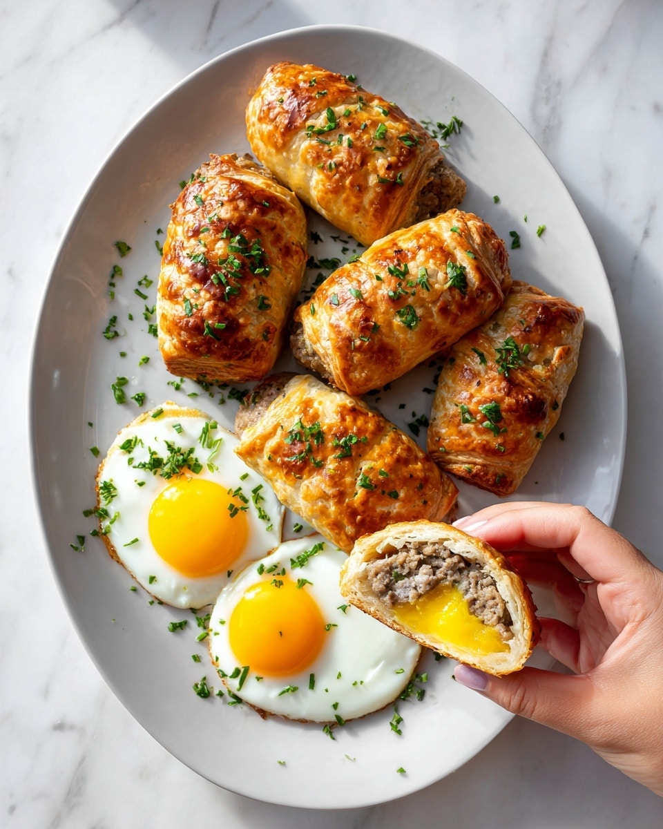A white oval plate on a white marbled surface holds five golden brown sausage rolls with flaky, crispy crusts, sprinkled lightly with green herbs. One sausage roll is cut open, showing layers of cooked ground meat and a bright yellow egg yolk in the center. Next to the rolls are two sunny-side-up eggs with bright yellow yolks and white edges, also garnished with chopped green herbs. A woman’s hand is holding one sausage roll on the right side of the plate. Photo taken with an iphone --ar 4:5 --v 7